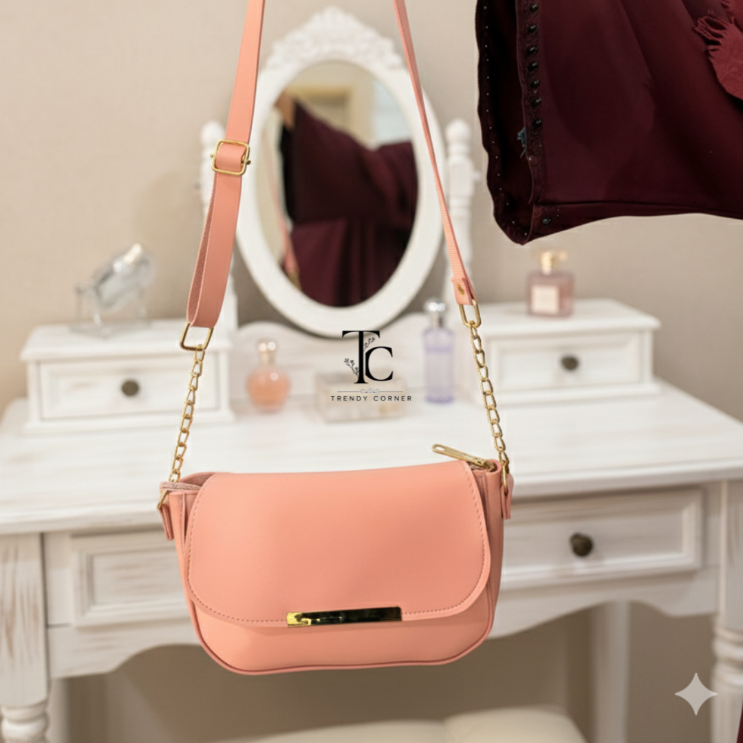 Pink women's shoulder bag with flap closure, stylish and spacious, by SHARJEEL.PK.