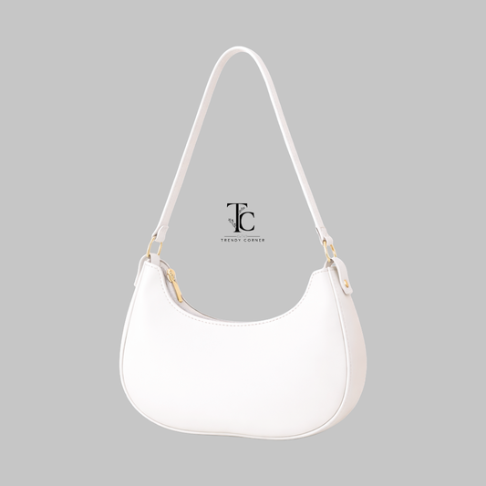 White women's shoulder bag from MOON WHITE collection featuring sleek design and adjustable strap, stylish accessory by Trendyspot.pk