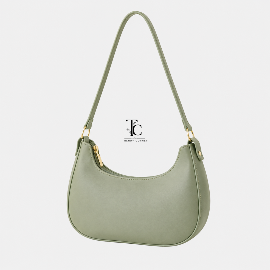Olive green women's shoulder bag with a round shape, stylish design, and trendy look, ideal for casual and chic outfits.